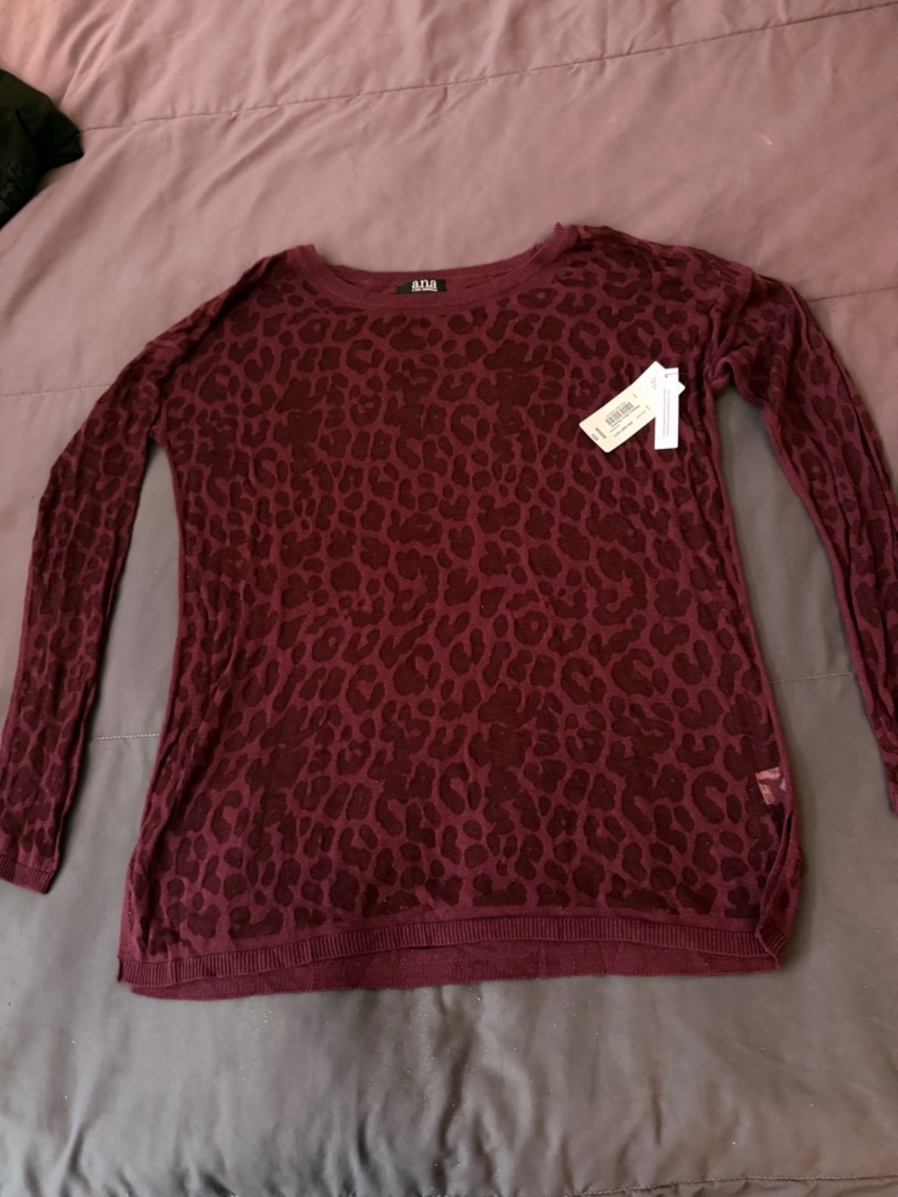 a.n.a Burgundy Leopard-Print Lightweight Crew sheer Shirt & under tank 2 PCs
